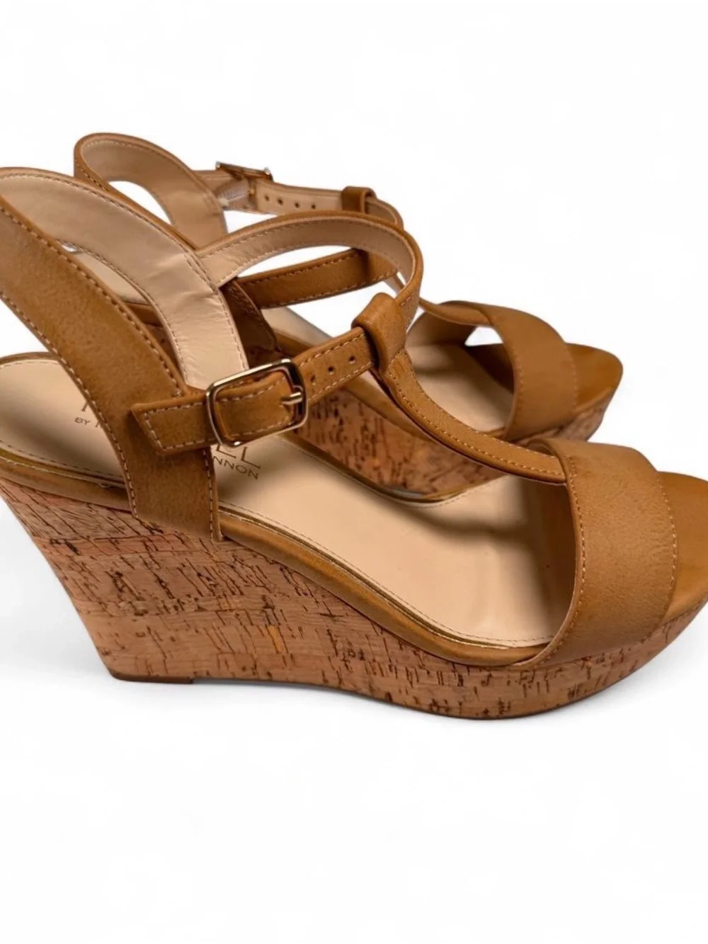 Michael Shannon Tan Cork Wedge T-Strap Sandals